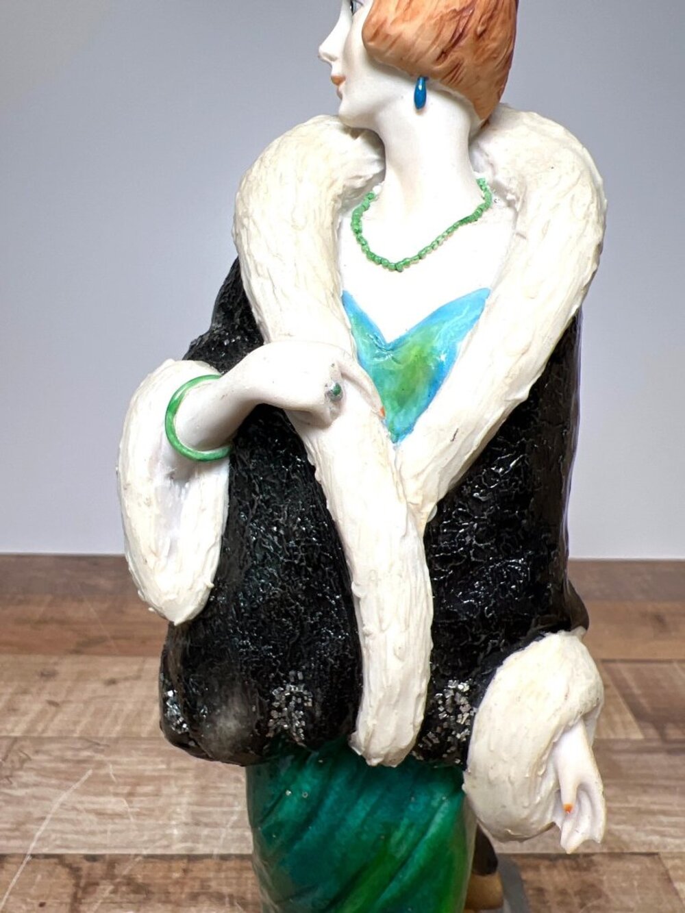 Art Deco-Inspired Lady Figurine With Black Coat & Green Dress On Stone-Like Base - Picture 6 of 8